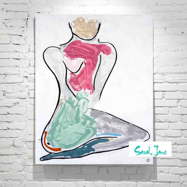 Sarah Jane Artist Figurative Abstract Painting Woman Kneeling Bright Colours Titled Bodyline Bold Iii