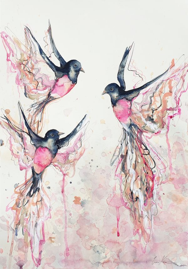Sydney Artist Leni Kae Rose Robin Symphony Watercolour Birds Flying 