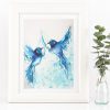 Sydney Artist Leni Kae Two Blue Fairy Wrens Framed Example Interior Design Waterolour 