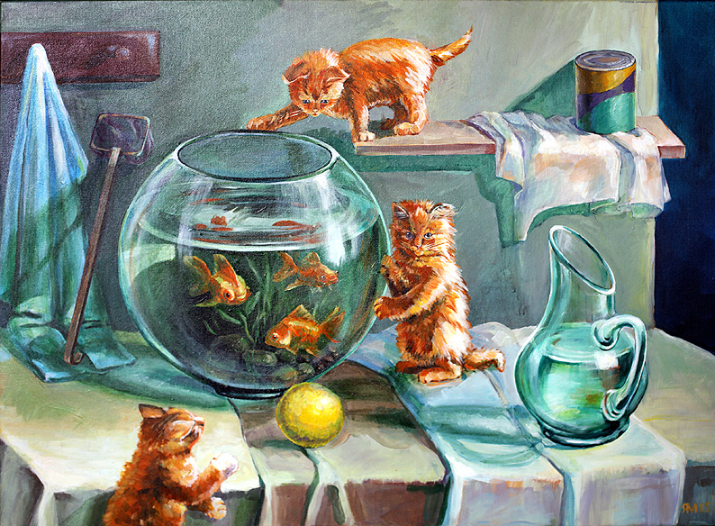 Three Kittens.  Anticipation of the Dinner