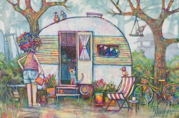Home Tweet Home By Teresa Mundt Colourful Colorful Vintage Caravan Cat Bird Garden Painting Acrylic Art