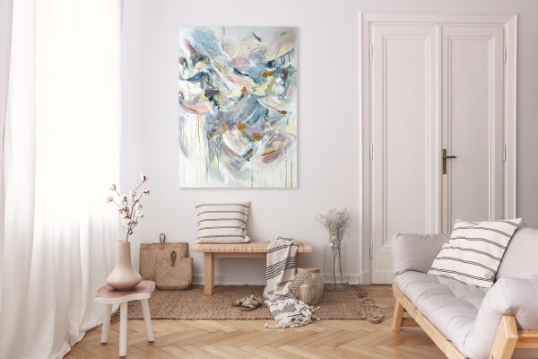 Vase With Cotton Flower On Wooden Table Next To Couch In Stylish Beige Apartment