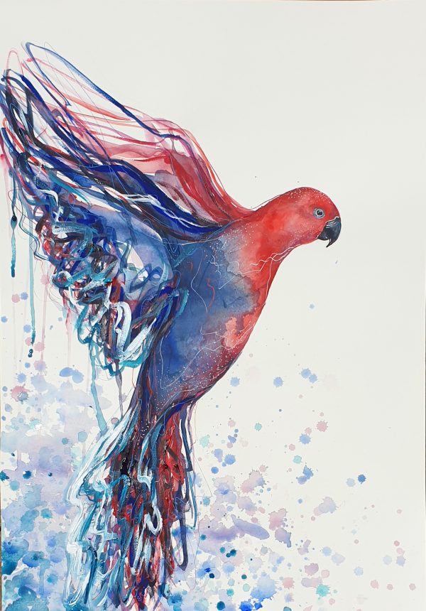 1. Sydney Artist Leni Kae Flight Of The Red Eclectus Bird Art Painting