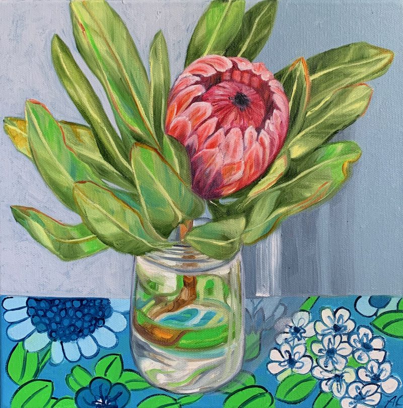 Pink Protea and Barkcloth Blue