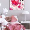 White Industrial Lamp On Simple Nightstand Table Next To Cozy Bed With Pink Bedding