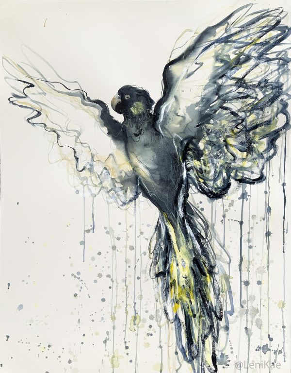 2a. Sydney Artist Leni Kae Flight Of The Yellow Tailed Black Cockatoo Bird Art Painting