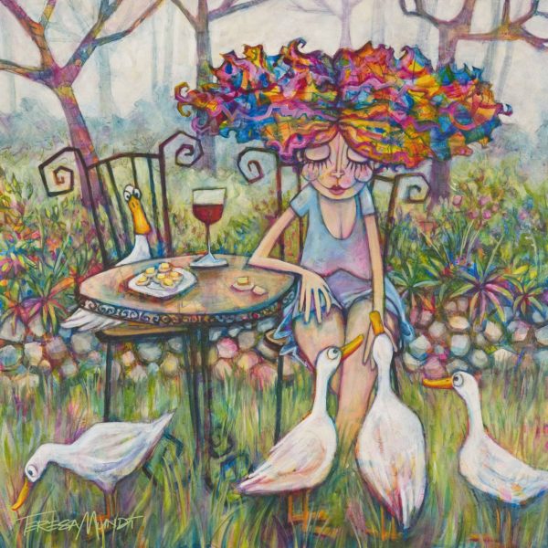 Wine & Quackers 2 By Teresa Mundt Ducks Girl Wine Quirky Funny Acrylic Cartoon Art Painting