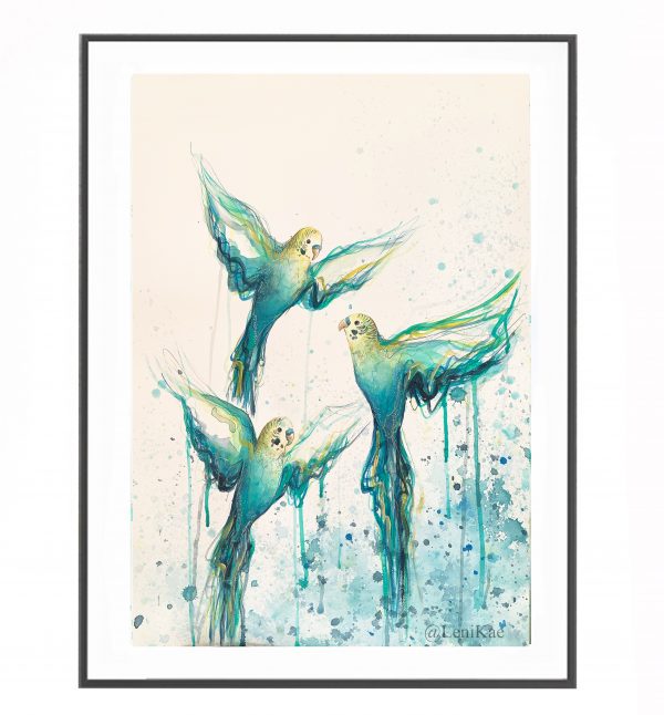 Artist Leni Kae Budgie Bath Watercolour Bird Artist Painting Framed Example