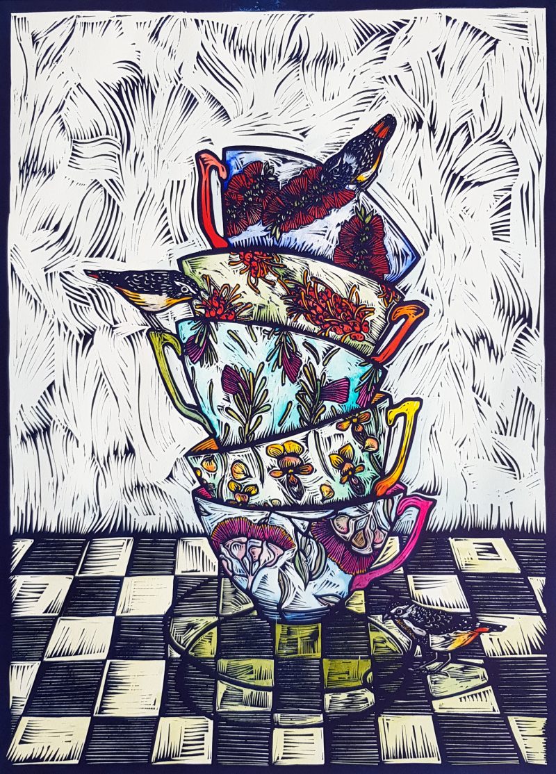 Three for Tea in Colour – Ltd Ed linocut print