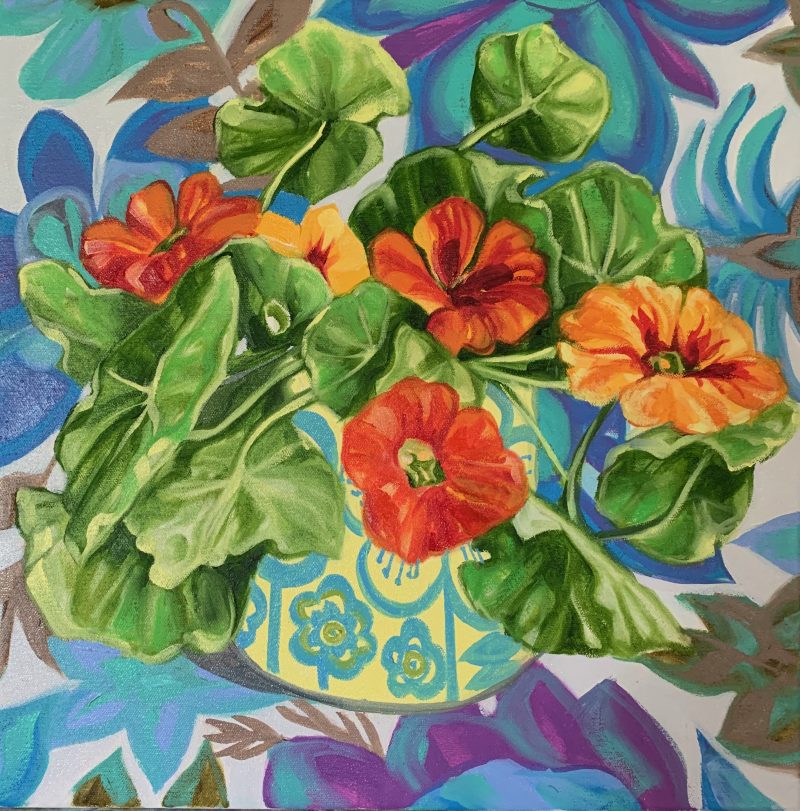 Nasturtiums and Barkcloth Blue