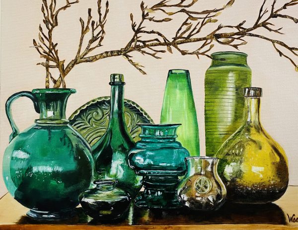 Green Bottles Wendy Peters Oil On Canvas 60cmx40cm 16.09.2021