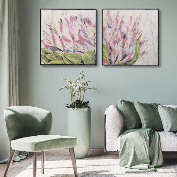 Blooming Protea Diptych Songbird Designz Deborah Lang Blooms Oversize Floral Botanicals Protea Framed Canvas Textured Wall Art Contemporary Hamptons Style 1