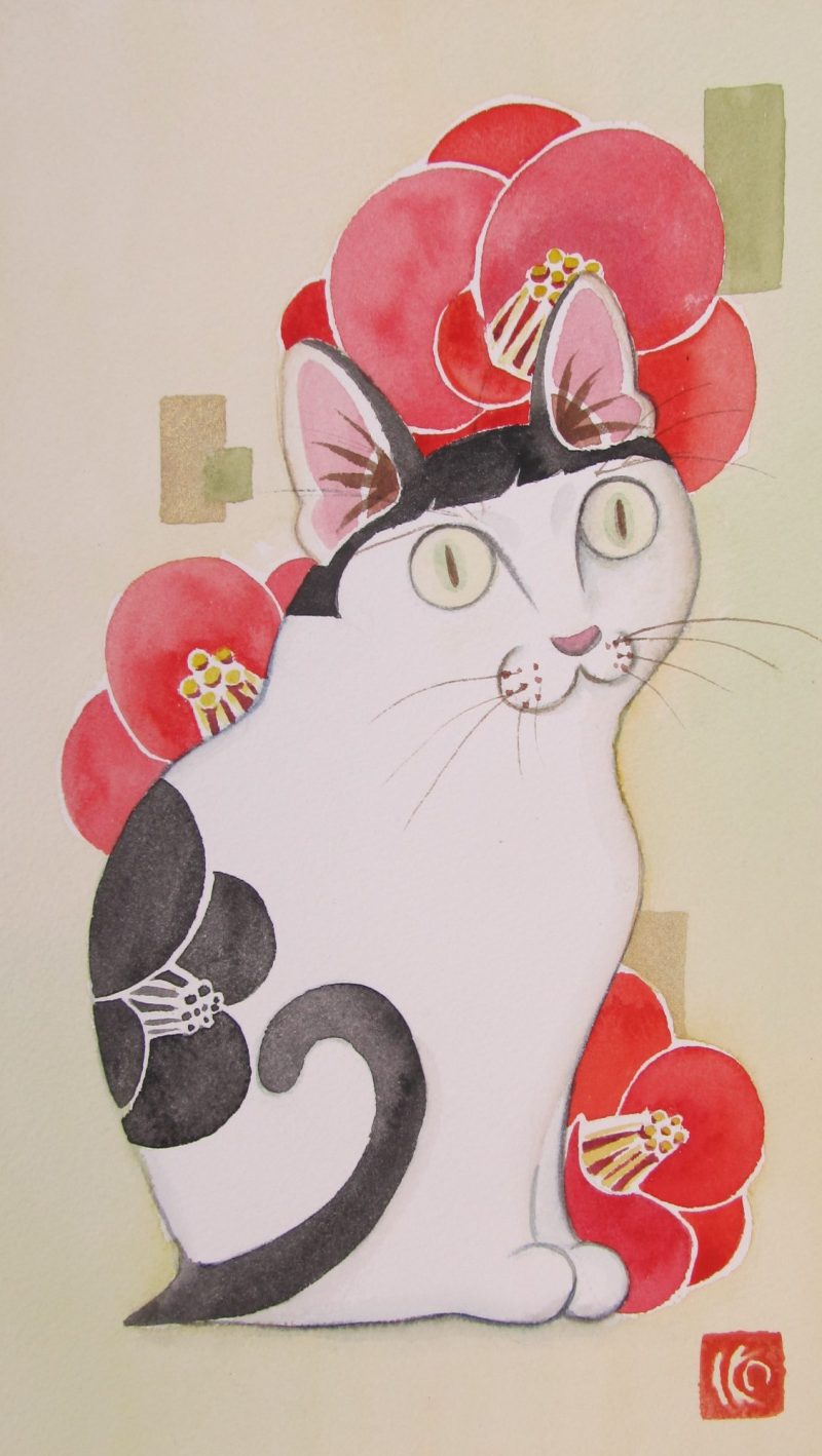 Black and White Cat & Camellia