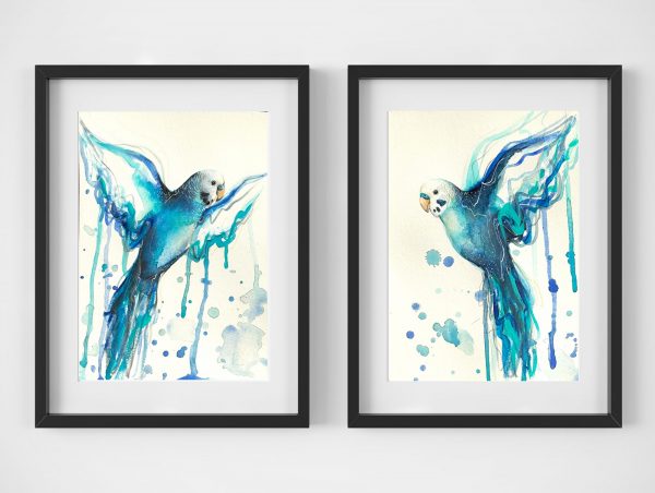 Sydney Artist Leni Kae Set Of Two Blue Budgies Watercolour Art