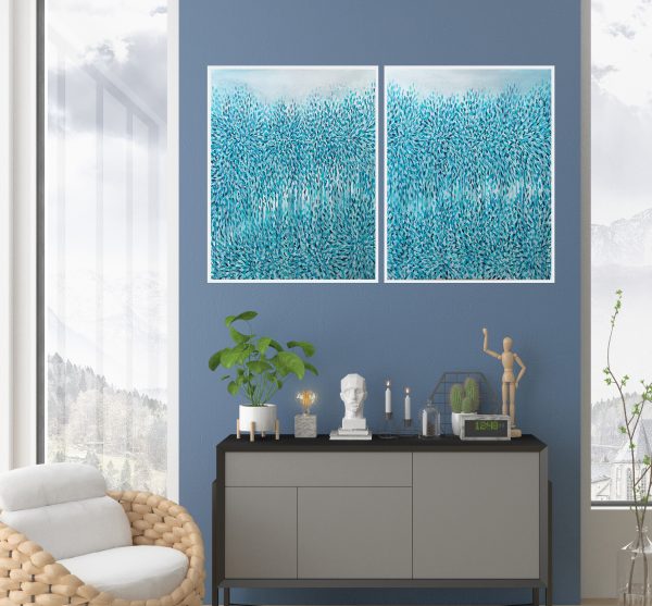 1. Artist Leni Kae Morning Blue Rising Diptych Interior Design Lounge Room Blue Art