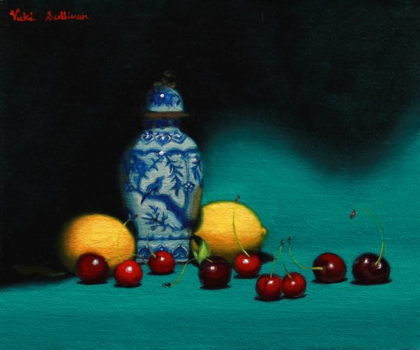 Lemons And Cherries With Kanxi Vase Oil On Linen H 25cm X W 30cm