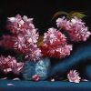 Pink Cherry Blossom With Blue And White Vase Oil On Linen H 30cm X W 40cm