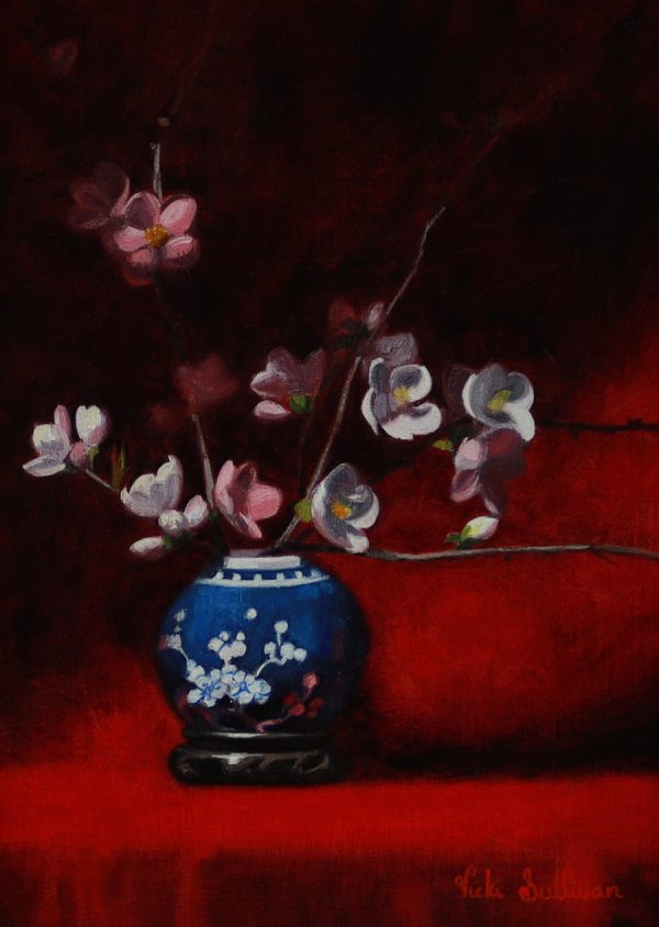 Pink And White Japonica In Ginger Jar Oil On Linen H 35cm X W 25cm