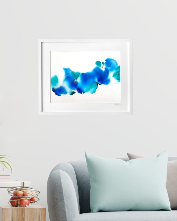 Empty Living Room With Blue Sofa, Plants And Table On Empty Whit