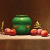 Fresh Plums With Green Pot Oil On Linen Vicki Sullivan Art Lovers Australia