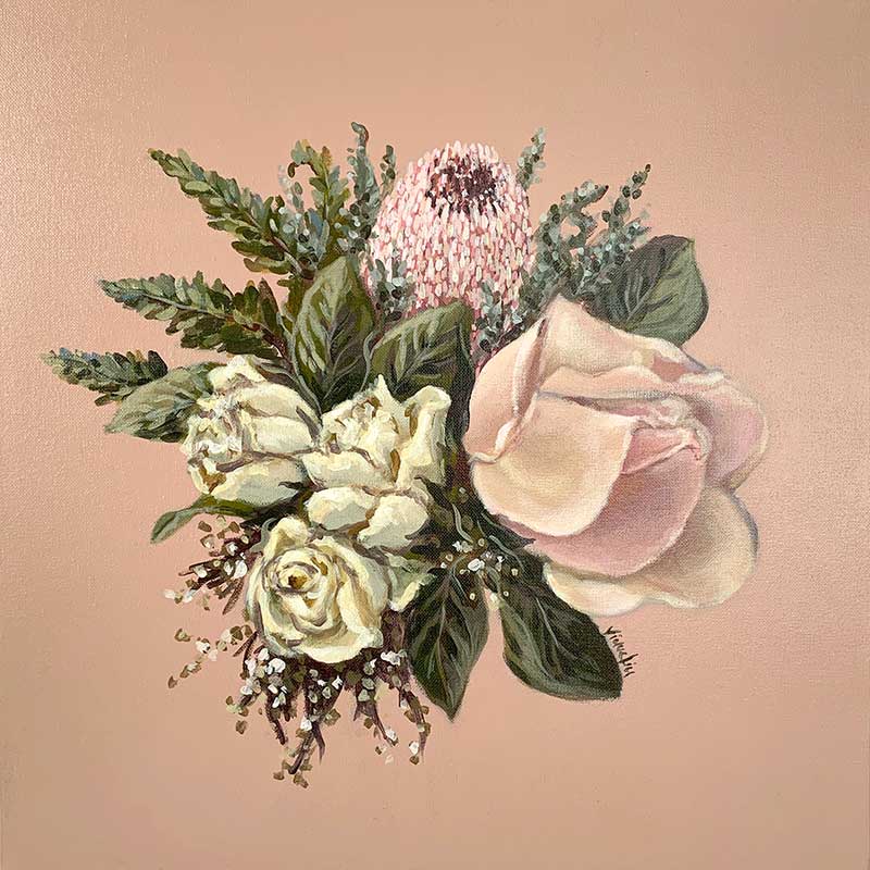 Cream Roses and Pink Protea