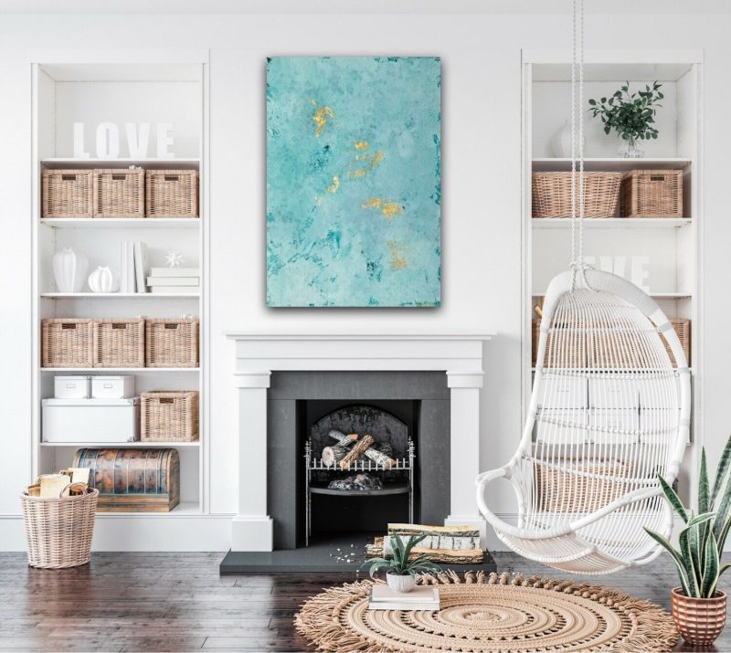 Teal Blue Gold Leaf Abstract