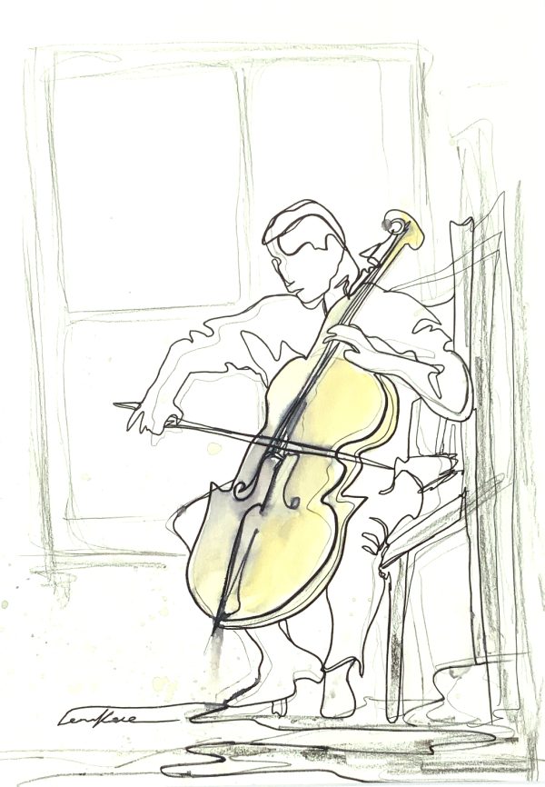 Sydney Artist Leni Kae Cellist By The Window Original Line Art