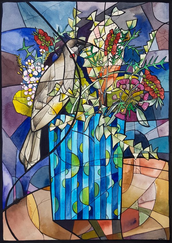 Wattle Bird And Bouquet By Nicola Cowie