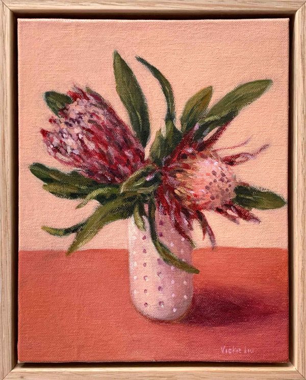 Vickie Liu Pink Protea Still Life Study Framed Painting 23x28cm
