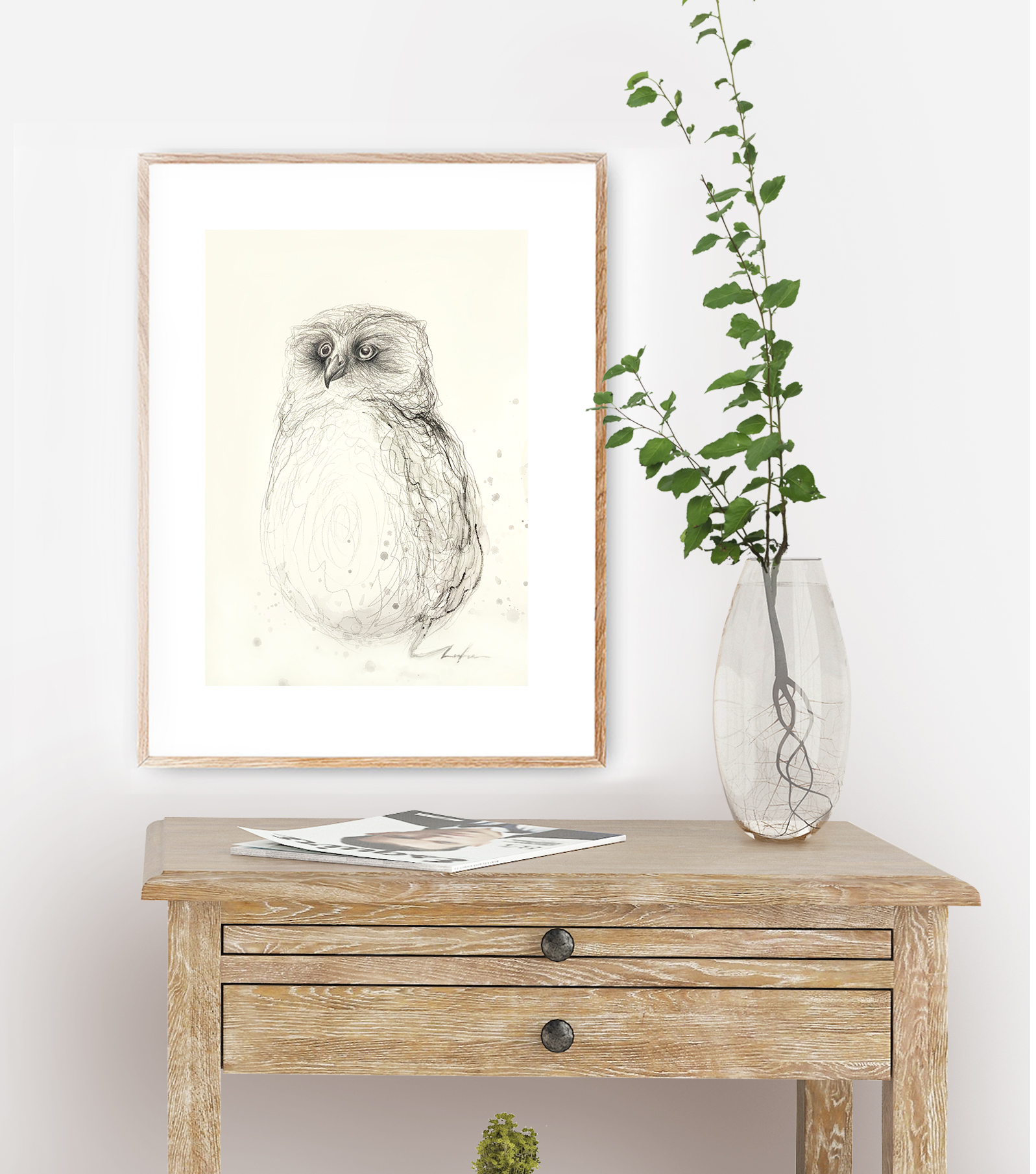 Leni Kae Burrowing Owl Spirit Drawing 29.7x42cm Framed Eg2