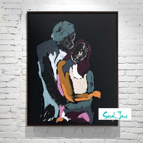 Black Canvas Painting Figurative Man Holding Woman Colourful Titled Body Bloom Iii Artist Sarah Jane