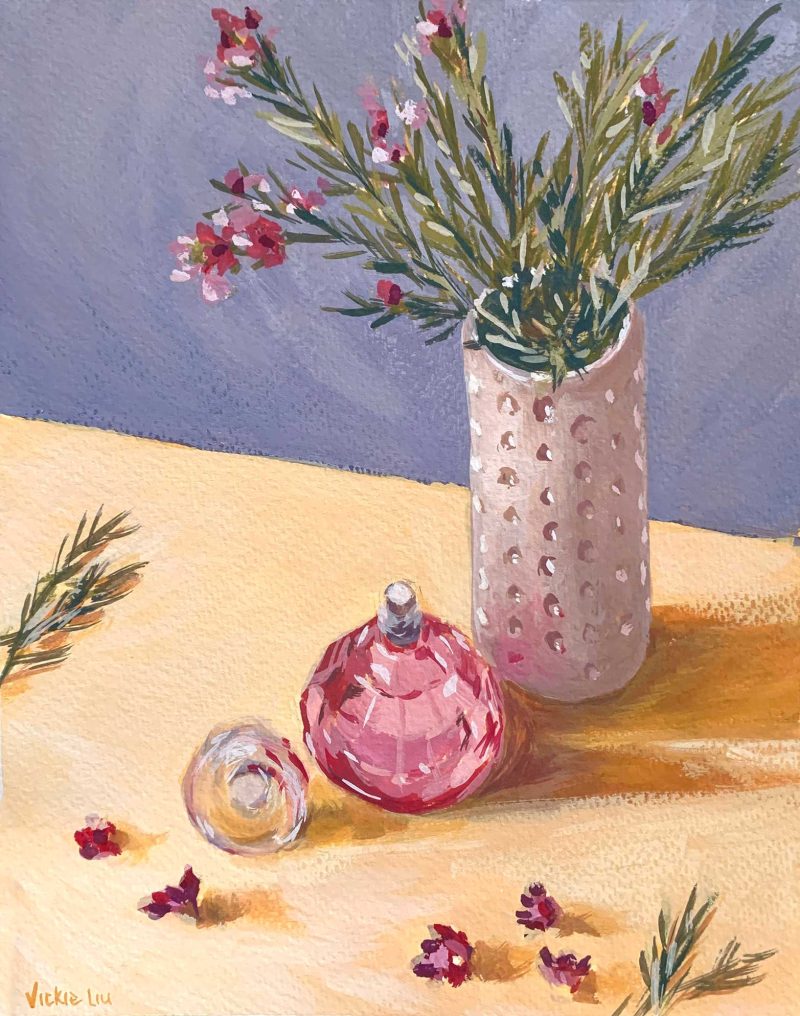 Pink Wax Flowers and Perfume Bottle Still Life