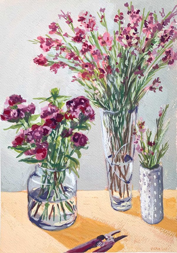 Vickie Liu Three Vases Of Spring Flowers Still Life Painting