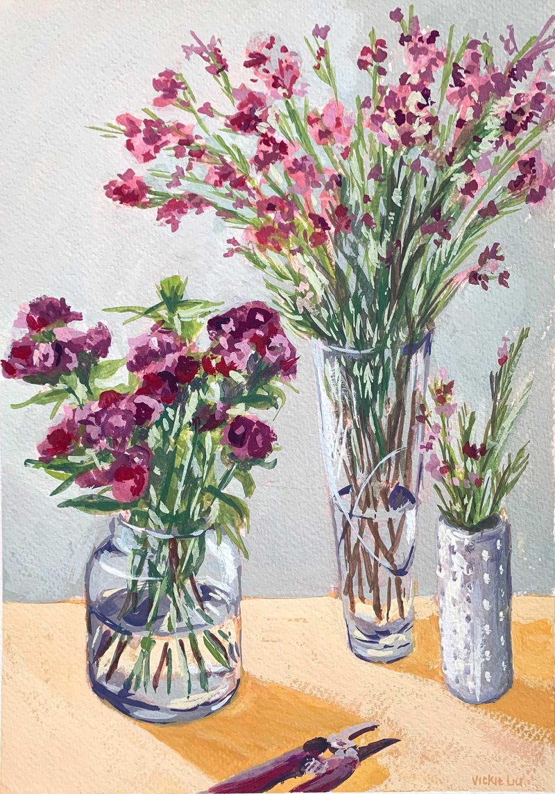 Three Vases of Spring Flowers Still Life