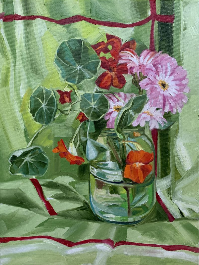 Nasturtium and Gerberas on Vintage Lime