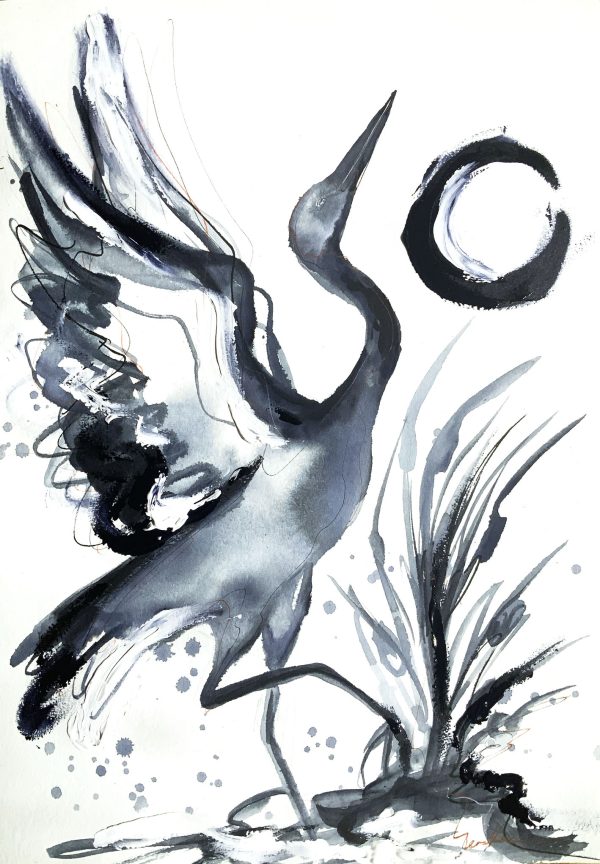 Sydney Artist Leni Kae Brolga Spirit Dance Sumi E Inspired Art