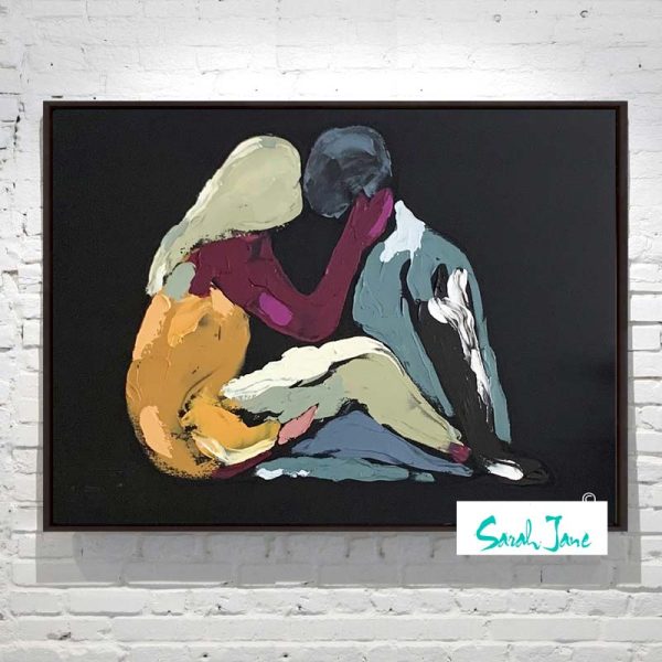 Black Canvas Painting Figurative Couple Sitting Kissing Colourful Titled Body Bloom Vii Artist Sarah Jane