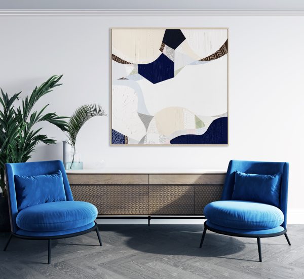 Modern Living Room With Blue Armchair, Table And Plant On Beige