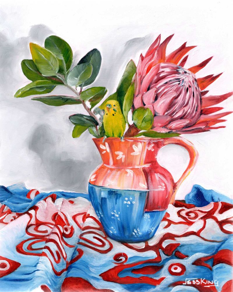 Protea & budgie still life