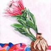 Budgie, Protea & Wartook Vase On Colourful Checked Table Cloth By Jess King