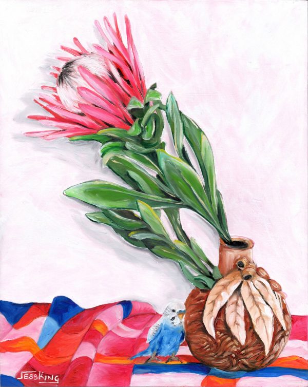 Budgie, Protea & Wartook Vase On Colourful Checked Table Cloth By Jess King