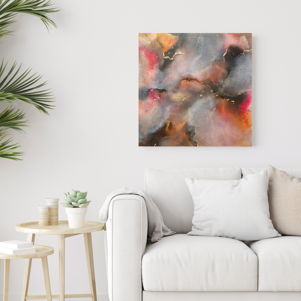 Square Wooden Mock Up With Sofa And Green Plants On White Wall In Living Room. 3d Illustration.