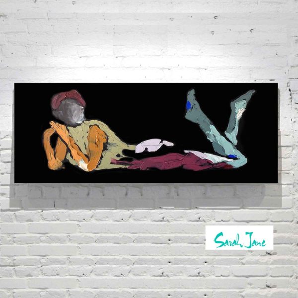 Black Canvas Painting Figurative Captivating Woman Lying Down Vibrant Colours Titled Body Bloom Xiv Sarah Jane Artist