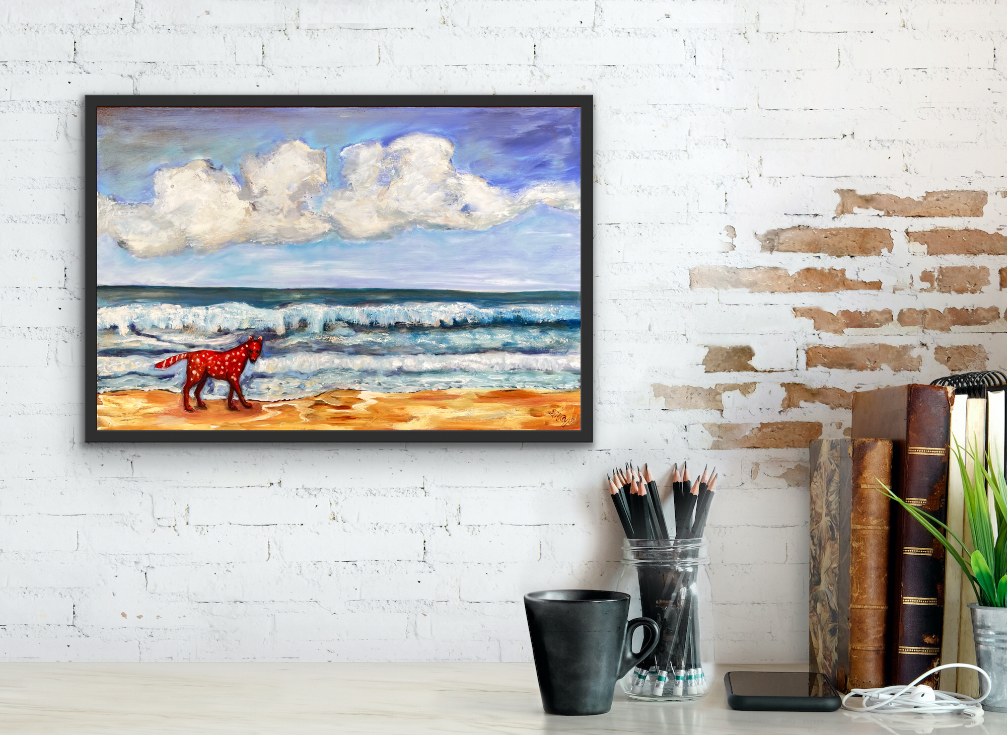 Red Dog On The Beach Styled Black Frame