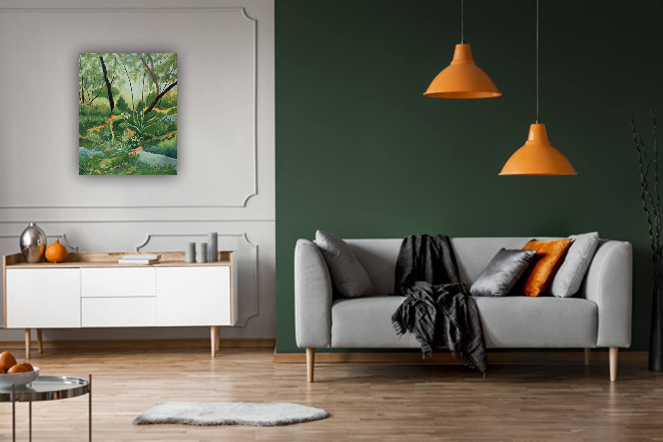 Orange Lamps Above Grey Couch In Black Living Room Interior With