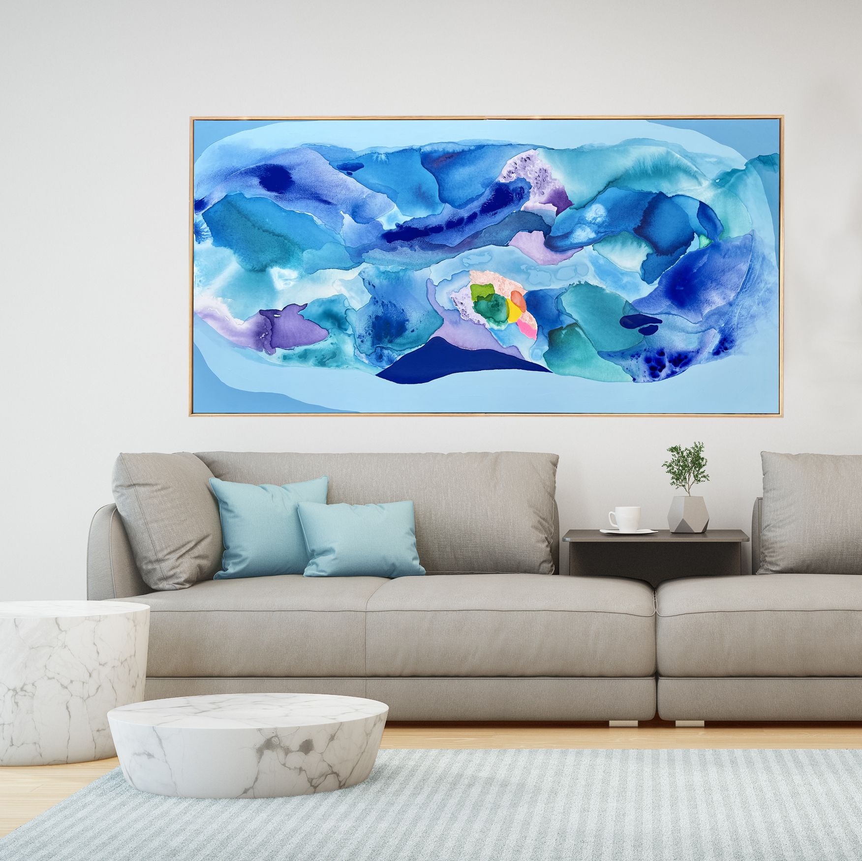 Sea View Dining And Living Room Of Luxury Summer Beach House With Swimming Pool Near Wooden Terrace. Big Gray Sofa In Vacation Home Or Holiday Villa.