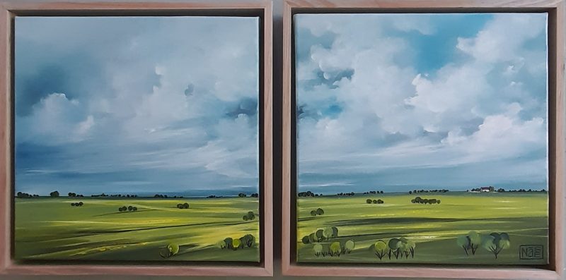 Green fields Diptych framed in timber