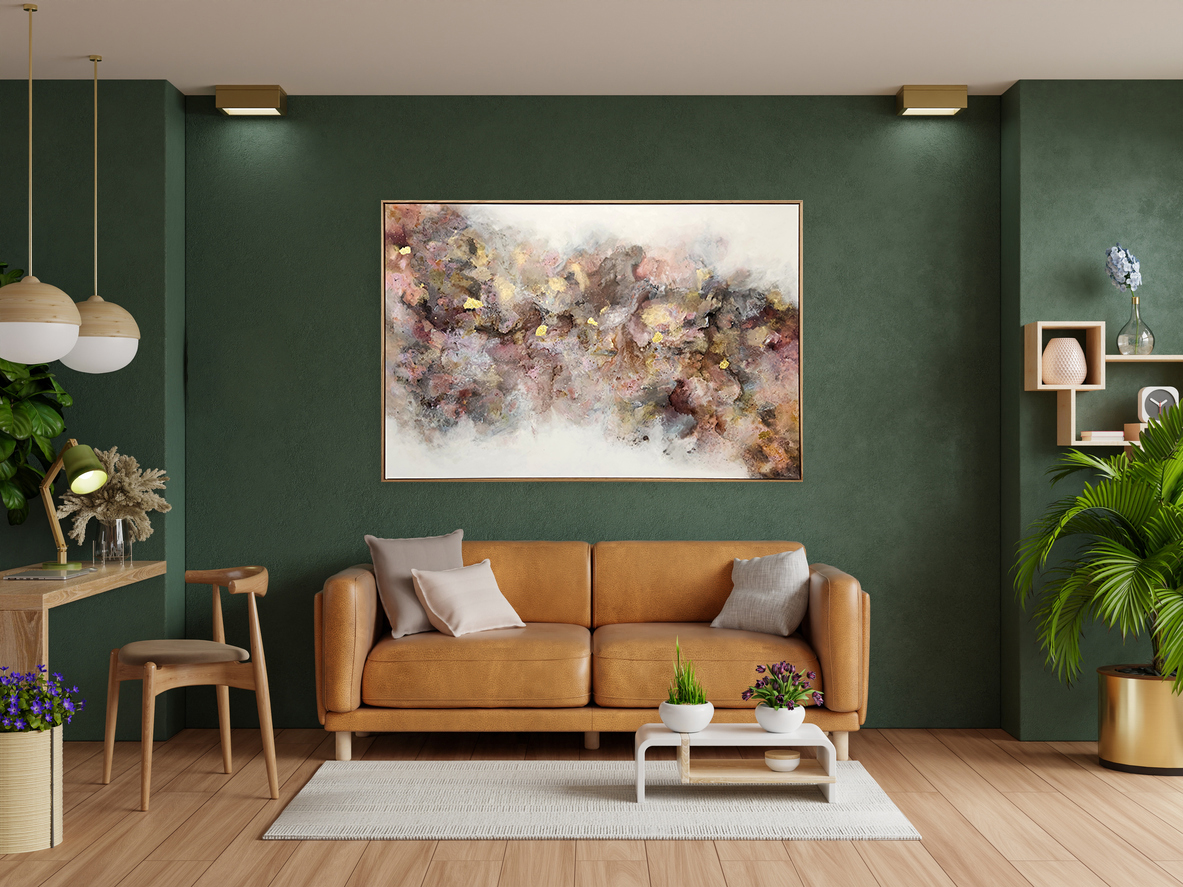 Light Room With Leather Sofa And Decoration Room On Empty Dark Green Wall Background.