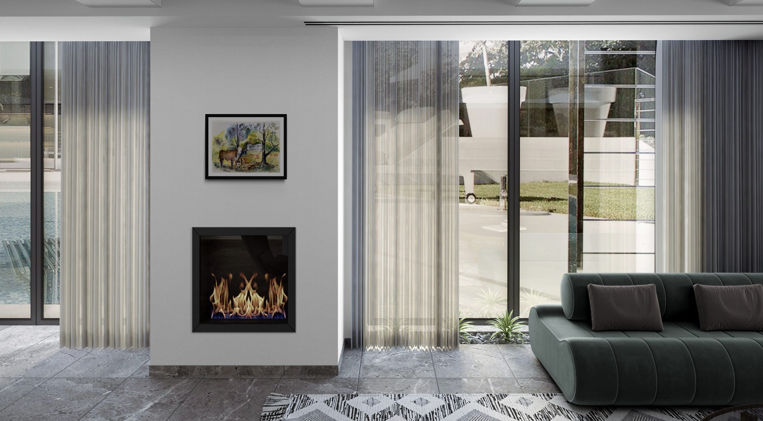 Living Room With Fireplace And Outside Views