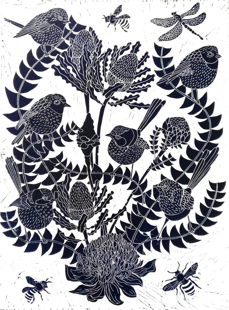 Fairy Wren and Banksia Lino print